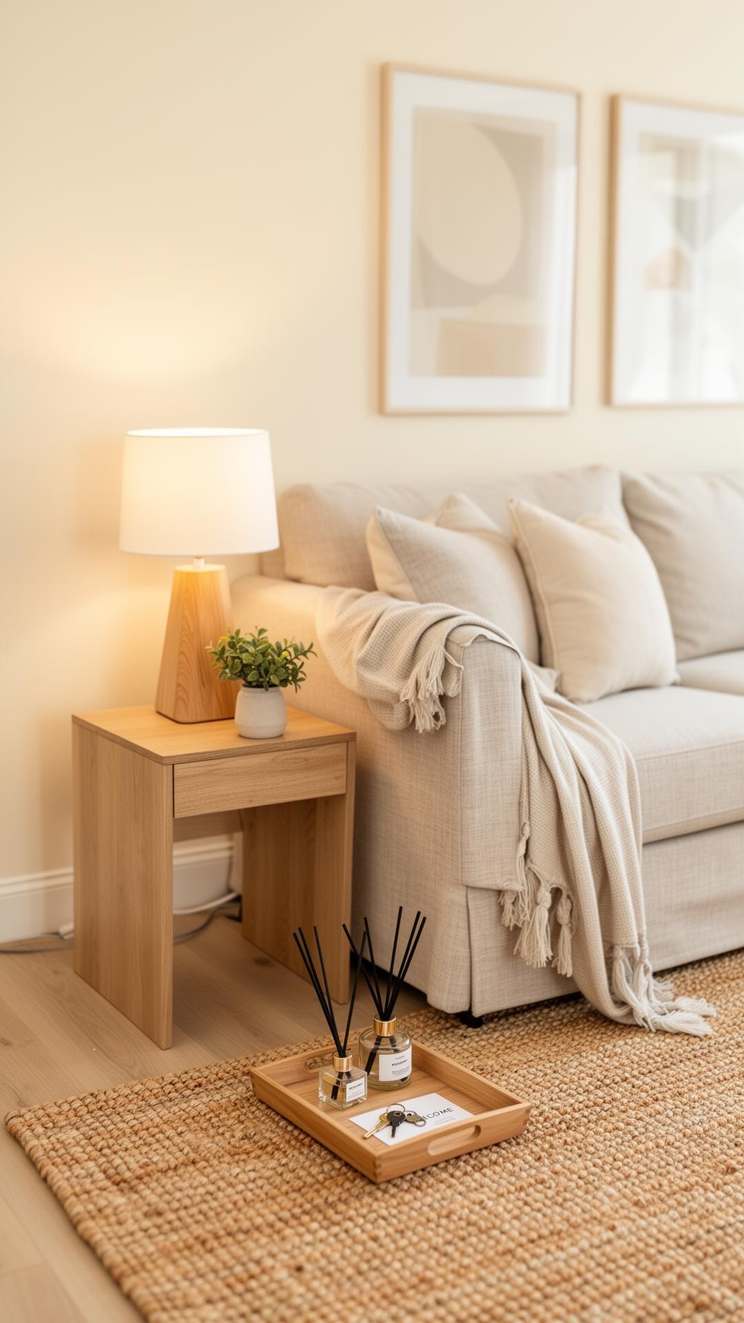 Stylish Airbnb living room with curated host upgrades — lamp, throw blanket, diffuser, and welcome tray