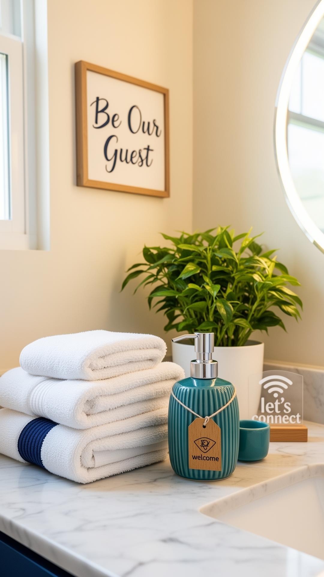 Curated guest essentials styled in a bright, hotel-quality bathroom